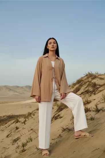 %100 Pamuk Keten Cepli Bağcıklı Kadın Kimono
