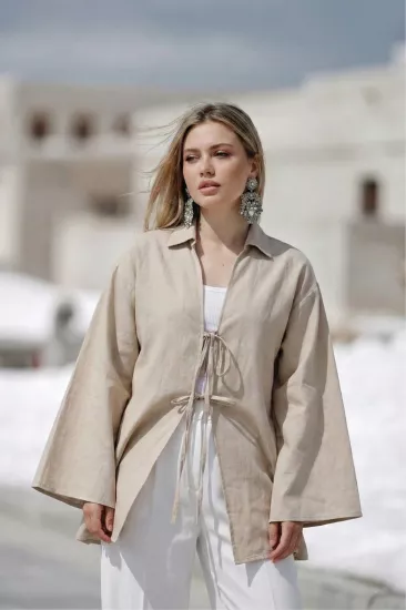 %100 Pamuk Keten Cepli Bağcıklı Kadın Kimono