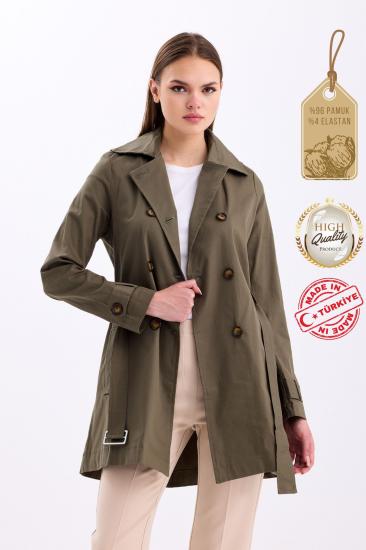 Pastelastore Esnek Pamuk Gabardin Kısa (80cm) Omuz Apoletli Kemerli Kadın Trençkot 1120