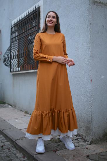 Zeyn Fırfırlı Düz Renk Pamuk Elbise