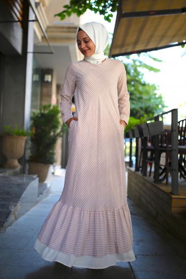 Akdeniz Fırfırlı Verev Çizgili Pamuk Elbise