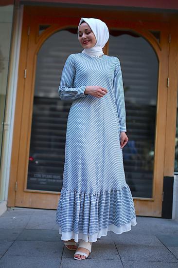 Akdeniz Fırfırlı Verev Çizgili Pamuk Elbise