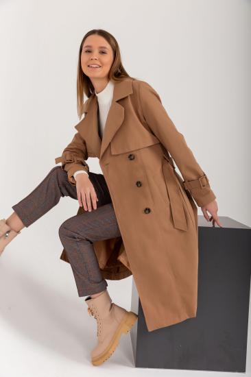  Pastelastore %100 Pamuk Gabardin Uzun (110cm) Astarlı Kemerli Kadın Trençkot 1111