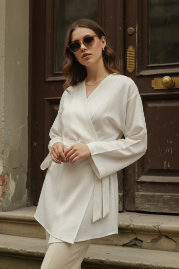 %100 Pamuk Keten Cepli Kemerli Yazlık Kimono