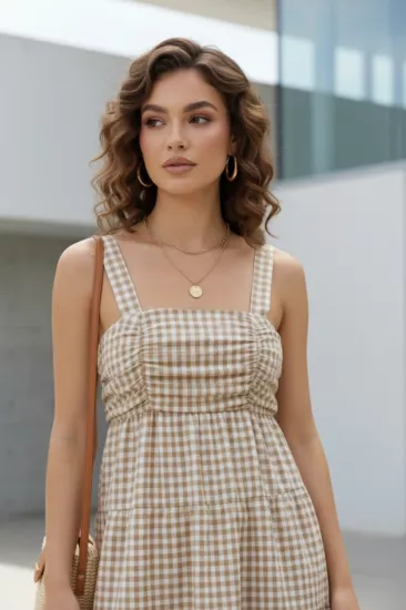 Askılı Pötikare Desenli Yazlık Midi Boy Kadın Elbise 1300