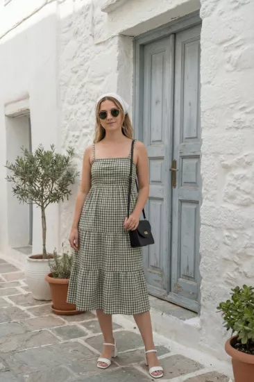 Askılı Pötikare Desenli Yazlık Midi Boy Kadın Elbise 1300