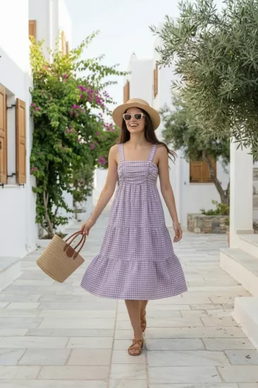 Askılı Pötikare Desenli Yazlık Midi Boy Kadın Elbise 1300