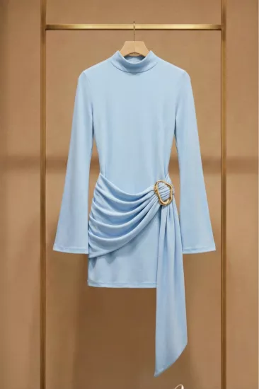 Toka Detaylı Kuşaklı Dik Yaka Mini Kadın Elbise