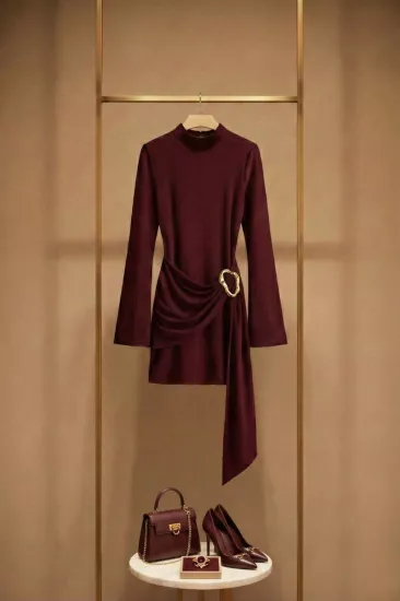 Toka Detaylı Kuşaklı Dik Yaka Mini Kadın Elbise