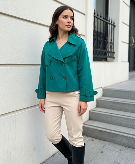 %100 Pamuk Oversize Kadın Crop Kısa Trençkot 1122