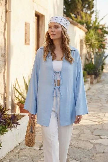 %100 Pamuk Keten Cepli Bağcıklı Kadın Kimono