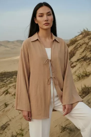 %100 Pamuk Keten Cepli Bağcıklı Kadın Kimono