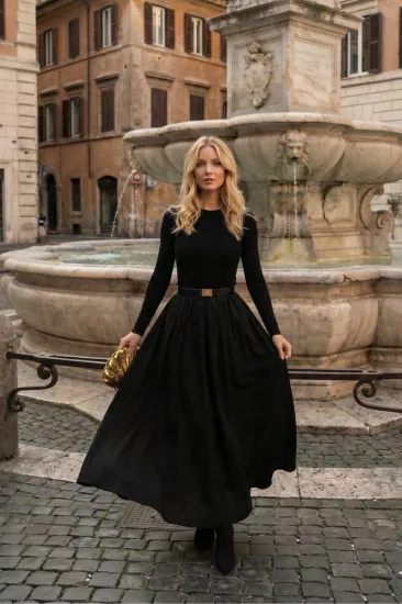 Lastik Bel Poplin Uzun Kloş Etek