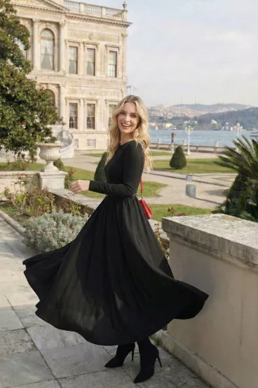 Kemerli Bisiklet Yaka Uzun Elbise