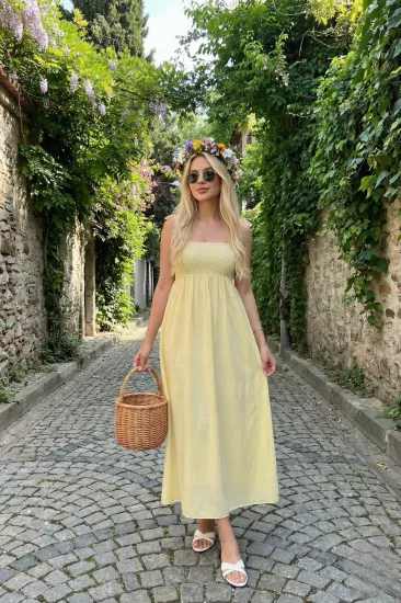Sarı Uzun Pamuklu Astarsız Yaz Elbisesi – Askılı