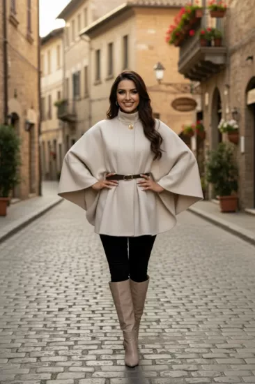 Gold Detaylı Kaşe Pelerin Panço