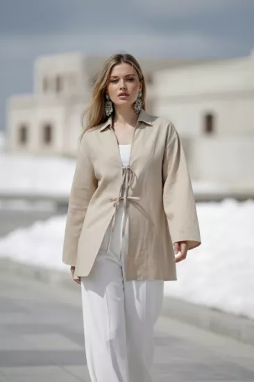 %100 Pamuk Keten Cepli Bağcıklı Kadın Kimono