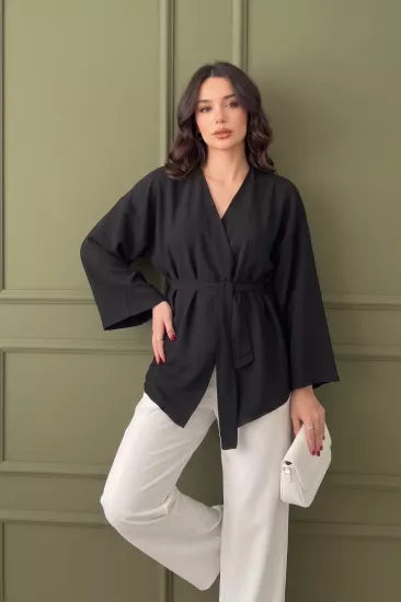 Koyu Siyah Kadın Kuşaklı Kimono
