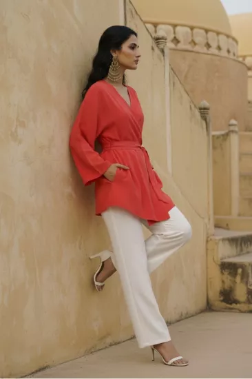 Doğal Viskon Kumaş Cepli Kemerli Kadın Kimono