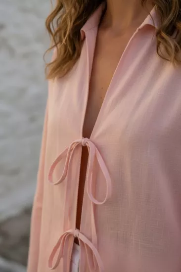 %100 Pamuk Keten Cepli Bağcıklı Kadın Kimono