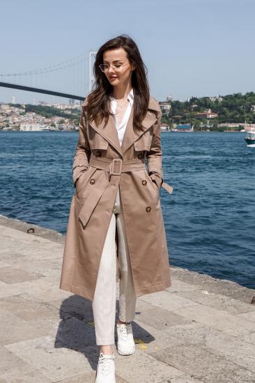 Pastelastore Esnek Pamuk Gabardin Uzun (110cm) Astarsız Kadın Trençkot 1117
