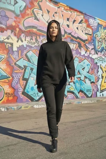 Pastelastore Pamuklu Kapüşonlu 3 İplik Şardonlu Kalın Oversize Sweatshirt