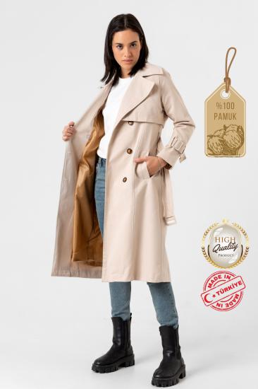 Pastelastore %100 Pamuk Gabardin Uzun (110cm) Astarlı Kemerli Kadın Trençkot 1111