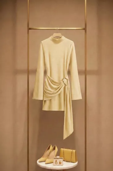 Toka Detaylı Kuşaklı Dik Yaka Mini Kadın Elbise