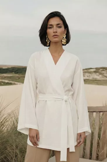 Doğal Viskon Kumaş Cepli Kemerli Kadın Kimono