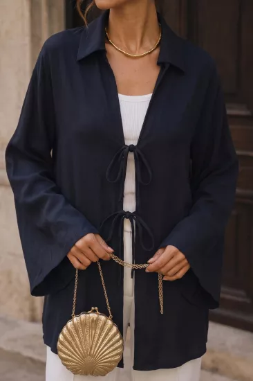 Doğal Viskon Kumaş Cepli Bağcıklı Kadın Kimono