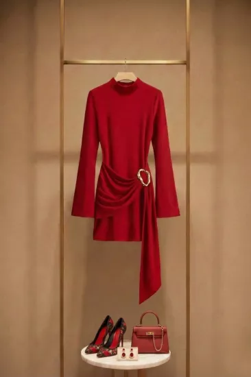 Toka Detaylı Kuşaklı Dik Yaka Mini Kadın Elbise