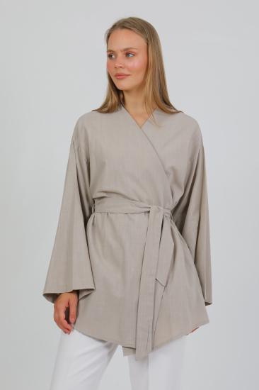 %100 Pamuk Keten Cepli Kemerli Kadın Kimono 1166