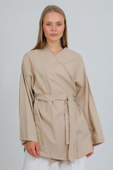 %100 Pamuk Keten Cepli Kemerli Kadın Kimono 1166