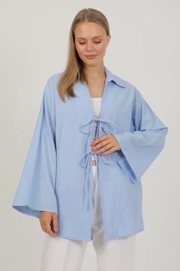 %100 Pamuk Keten Cepli Bağcıklı Kadın Kimono