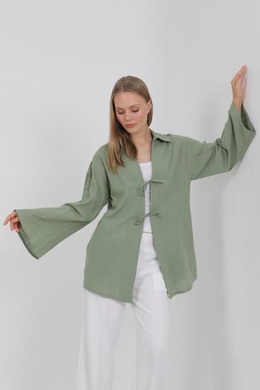 %100 Pamuk Keten Cepli Bağcıklı Kadın Kimono