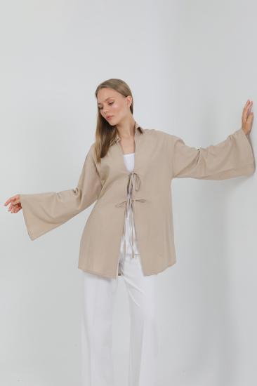 %100 Pamuk Keten Cepli Bağcıklı Kadın Kimono