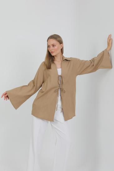 %100 Pamuk Keten Cepli Bağcıklı Kadın Kimono