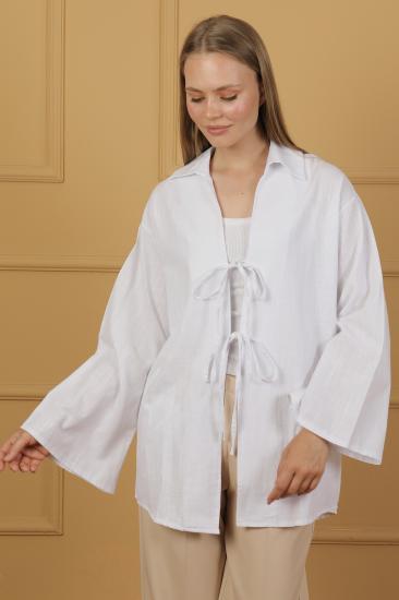 %100 Pamuk Keten Cepli Bağcıklı Kadın Kimono