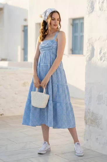 Askılı Pötikare Desenli Yazlık Midi Boy Kadın Elbise 1300