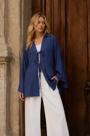 Doğal Viskon Kumaş Cepli Bağcıklı Kadın Kimono