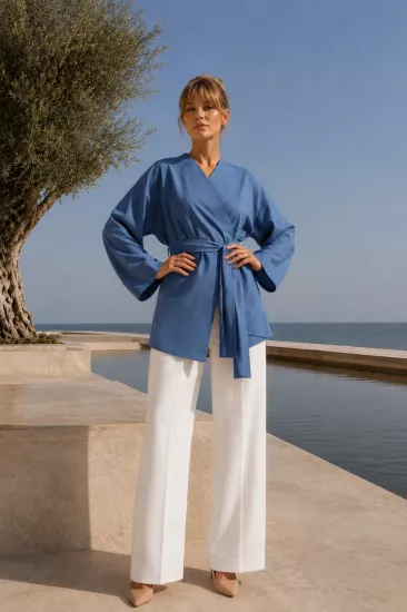 %100 Pamuk Keten Cepli Kemerli Kadın Kimono 1166