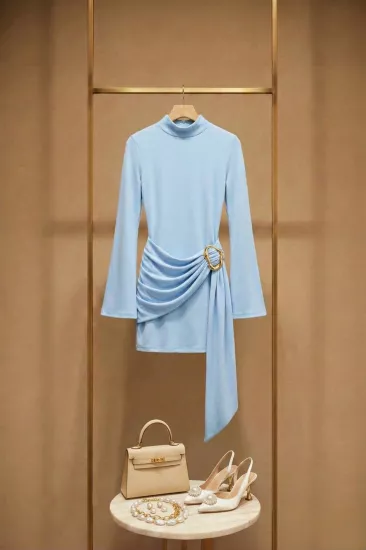 Toka Detaylı Kuşaklı Dik Yaka Mini Kadın Elbise