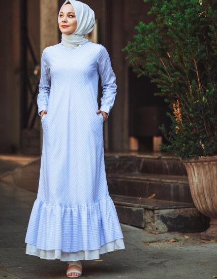 Akdeniz Fırfırlı Verev Çizgili Uzun Boy Pamuk Elbise