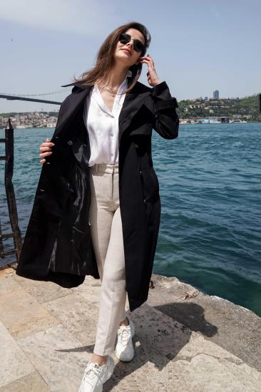  Pastelastore %100 Pamuk Gabardin Uzun (110cm) Astarlı Kemerli Kadın Trençkot 1111