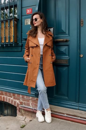 Pastelastore %100 Pamuk Gabardin Midi (95cm) Astarlı Kemerli Kadın Trençkot 1113