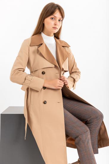 Pastelastore %100 Pamuk Gabardin Uzun (110cm) Çift Renk Garnili Astarlı Kemerli Kadın Trençkot 1114
