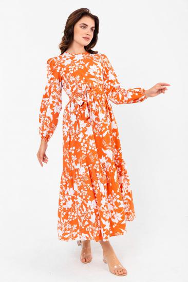 Yaprak Desenli Renkli Pamuklu Yazlık Baharlık Kuşaklı Elbise 2101