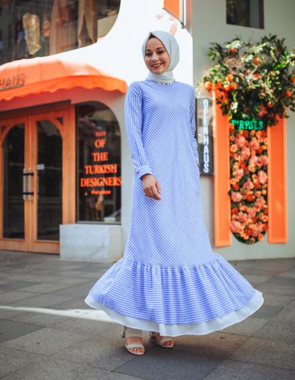 Akdeniz Fırfırlı Verev Çizgili Pamuk Elbise
