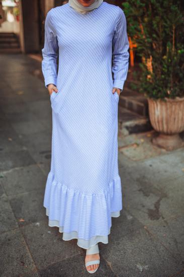 Akdeniz Fırfırlı Verev Çizgili Pamuk Elbise