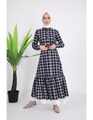 Fırfırlı Düğmeli Kemerli Astarlı Pamuk Uzun Ekose Tesettür Elbise